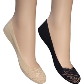 Silky Women's Non-Slip Black & Nude Cotton Lace Toe Footlets with Silicon (2 Pair Pack)