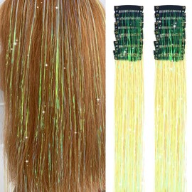 Hair Tinsel Pack of 12 Pcs Clip in Hair Tinsel 20 Inch Yellow Glitter Tinsel Hair Extensions Tinsel Fairy Hair Party Dazzle Hair Accessories Strands Kit (12Pcs,Dazzle Light Yellow#)