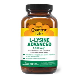 Country Life L-Lysine 1500mg Capsules with Vitamin D & Elderberry – Advanced Immune Support and Collagen Renewal – Certified Gluten-Free & Vegan – 180 Capsules