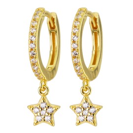 UNIQA Jewels - Women's Earrings Pendant, Circle Sterling Silver 925, Ring Earrings with Star Shape Moon Sun Flash, Small Jewellery Gift for Women Girls, Yellow Gold, Cubic Zirconia