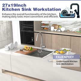 Kitchen Sink Workstation,27"x19" Stainless Steel Undermount Single Bowl Sink Built-in Ledge Drop In Workstation Sink Design For Placing/Sliding Accessories-Cutting Board And Drying Rack