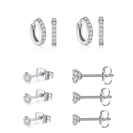 ZKSXOA Stud Earrings 5 Pairs Silver Earrings Women's Hypoallergenic Cubic Zirconia Stud Earrings Set Earrings Silver 925 Stud for Multiple Piercings, Sterling Silver