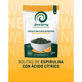 Spiral Spring Bolitas de Espirulina Orgánico 100% Natural con Ácido Cítrico, Bolsa con 250 Gramos, Alga Espirulina Máxima Certificada, Kosher, Libre de Gluten, sin Conservadores ni Colorantes.