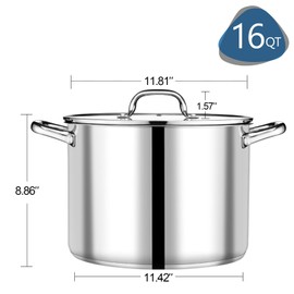 P&P CHEF 16 QT Stock Pot with Lid, Stainless Steel Large Cooking Pot, Soup Canning Stockpot for Stewing Simmering, Tri-ply Bottom for All Stoves, Heavy-Duty &Dishwasher Safe & Food-Grade