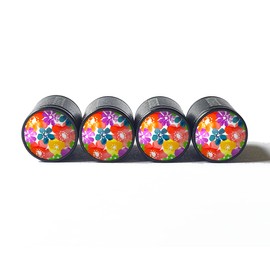 Flower Bouquet (Style 4) Tire Valve Caps - Black Aluminum - Set of Four