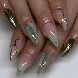 SINHOT Medium Press on Nails Almond Gold Star Fake Nails 3D Gold Chrome Acrylic Nails Glossy Glue on Nails Green Ombre Stiletto Artificial Nails Stick on False Nails with Design 24 pcs