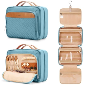 COOSKY Travel Hanging Toiletry Bag for Women, Cruise Ship Essentials, with Jewelry Organizer, Extra Large Makeup Dopp Kit, Waterproof Cosmetic Bags, Toiletries Kit Set with Trolley Belt, Sky Blue