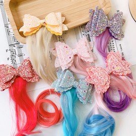 Lopsity 6PCS Wig Hair Clip Bows for Girls Colored Curly Hair Extensions Clips Curly Wig Hair Extension for Kids Princess Costume Dress up Hair Accessory (A)
