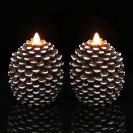 Wondise Flameless Candles with 6H Timer, Battery Operated Flickering Wick Real Wax Pine Cone Candles for Holiday Indoor Decoration, Set of 2, Brown(D3.5 x H4.7 Inch)