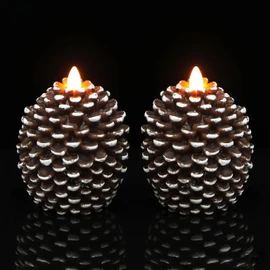 Wondise Flameless Candles with 6H Timer, Battery Operated Flickering Wick Real Wax Pine Cone Candles for Holiday Indoor Decoration, Set of 2, Brown(D3.5 x H4.7 Inch)
