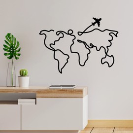 Vinyl Wall Art Decal - World Plane - 24" x 17" - Modern Inspirational Map Airplane Design Sticker for Travel Lovers Home Office Bedroom Living Room Decor (Black)