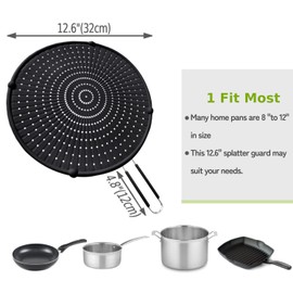 Silicone Splatter Screen for Frying Pan, Grease Splatter Guard for Frying Pan Heat Resistant Oil Splatter Guard, Multi-Use Pan Cover, Non Stick, Easy Clean 12.6" - Black