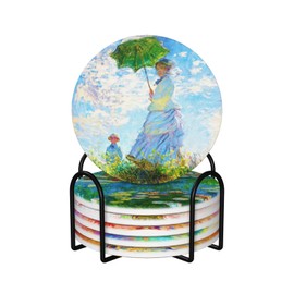 Monet Impression Sunrise Drinks Absorbent Coasters with Holder Set of 6, Coffee Table Decor, Ceramic Stone Coaster with Cork Base Tabletop Protection Mat for Mugs and Cups,Office,Kitchen