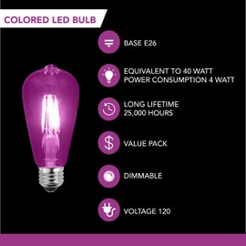 SLEEKLIGHTING LED 4Watt Filament ST64 Purple Colored Light Bulbs – UL Listed, E26 Base Lightbulb – Energy Saving - Lasts for 25000 Hours - Heavy Duty Glass - 4 Pack