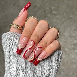BABALAL Coffin Press on Nails Swirl Design Nails Long False Nails Glossy Fake Nails Red Acrylic Nails for Women and Girls
