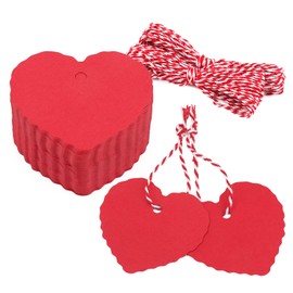Heart Gift Tags, Valentine's Day Pendants, Kraft Paper Labels, Pack of 100 Tags with Red and White String, for Wedding Gifts, Crafts, Deco (Red)