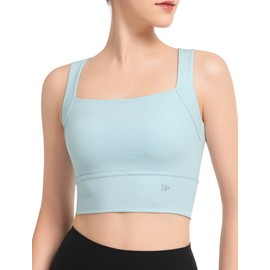 Yvette Yoga Sports Bras for Women Longline Square Neck Plain Light Support Padded Wireless Bra Full Coverage Cropped Tank Top,Blue,M