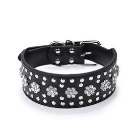 Serijoars Rhinestones Dog Collars Flower Pattern Rhinestone Studded Leather Sparkly Crystal Diamonds Dazzling Elegant Fancy PU Leather Dog Collar for Medium & Large Dogs (L, Black)