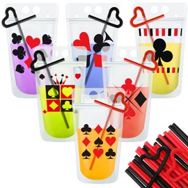 24 Set Casino Party Plastic Drink Pouch Cups with Straws, Poker Tumbler Clear Zipper Bags - Reusable Casino Poker Cups for Birthday Party Decorations & Supplies