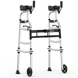 Delog Folding Walker for Senior - Platform Walker with 5’’ Wheels and Removable Padded Armrests 350lbs, Lightweight Walking Mobility Aid, Standard Walker for Elderly (Black)