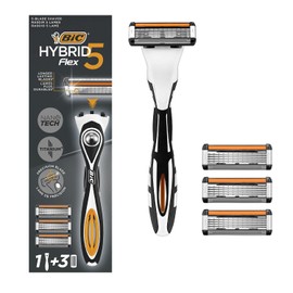 BIC Hybrid 5 Flex Refillable Men's Razor, 1 Weighted Handle and 3 Nano-Tech Titanium Plated 5-Blade Refills with Precision Blade, Bundle of 1 plus 3