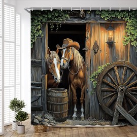 PZMPZM Western Horse Shower Curtain Rustic Barn Door Farmhouse Cowboy Animal Green Leaves Country Vintage Wheel Bathroom Curtains Polyester Fabric Set with Hooks 70Wx70H Inch