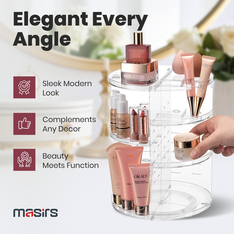 Masirs 360 Rotating Makeup Organizer - Adjustable Shelf Height and