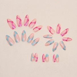 BABALAL Almond Press on Nails Medium Fake Nails Pink Blue Swirl Glue on Nails Stiletto 24Pcs Acrylic Nails with Design