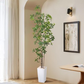 HAIHONG Artificial Brave Ficus Tree 7FT-Faux Tree with White Tall Planter-Fake Potted Tree with Silk Leaves-Tall Artificial Plants for Home Office Living Room Hallway Decor Indoor