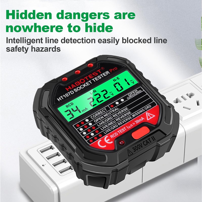 VOBOR Steckdosentester mit RCD-Prüfung und LCD-Voltage-Display, 6 Arten von Fehlerdiagnose,