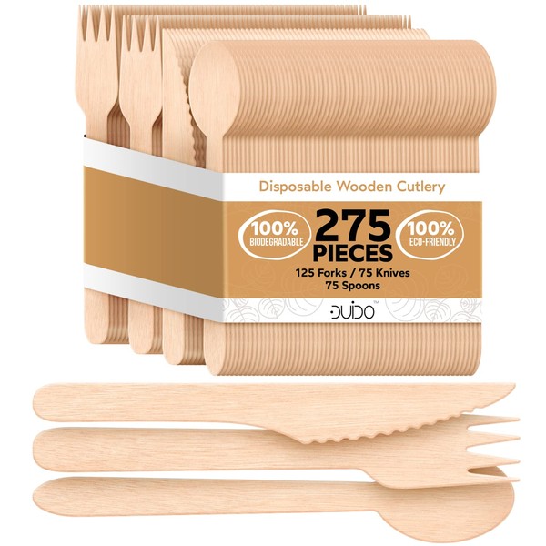 Biodegradable Disposable Wooden Cutlery Utensils – (Pack of 275) 110 Forks 55 Knives 110 Spoons 5.5-inch Set Eco-Friendly Compostable and Disposable Silverware Kit Party Supplies Events