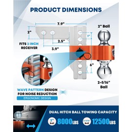 Kohree Adjustable Trailer Hitch Fit 2 Inch Receiver, Dual Solid Ball 2" and 2-5/16"(12,500 LBS GTW), 6" Drop & Rise Heavy Duty Aluminum Tow Hitch with 4 Silencer Pads & 2 Locking Hitch Pin, Orange