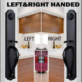 HISAFE Double Door Handle Set for Front Door, Matte Black Keyed&Dummy Exterior Door Lockset with Deadbolt, Reversible for Right&Left Handed