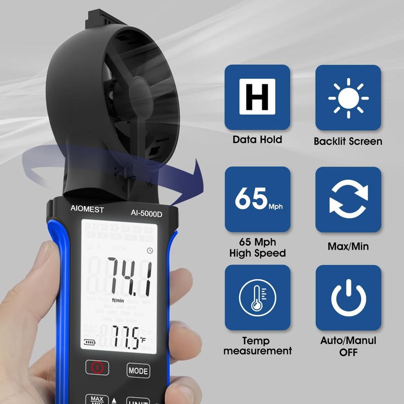 AIOMEST CFM Wind Handheld Anemometer Waterproof Digital Wind Speed Meter