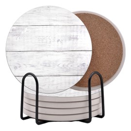 Light Gray White Wood Grain Round Coasters Set of 6 - Abosrbent Ceramic Coasters with Metal Stand for Drinks, Coffee, Non-Slip Cork Back for Tabletop Protection, 4 Inches Marbled Pattern (White Wood)