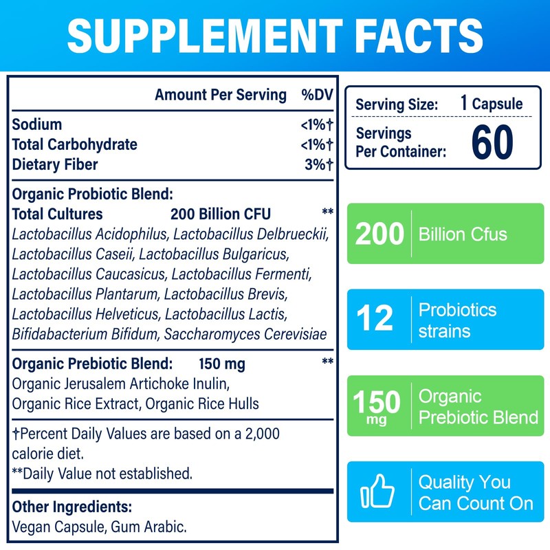 200 Billion Cfus 12 Strains Probiotic, with 3 Organic Prebiotics,