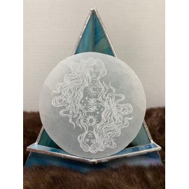 CrystalsAhoy Etched Selenite Charging Plate ~3", A5062 Celestial Woman Design, Charge and Cleanse Your Crystals and Jewelry, Ethically Mined, Etched in Appleton USA
