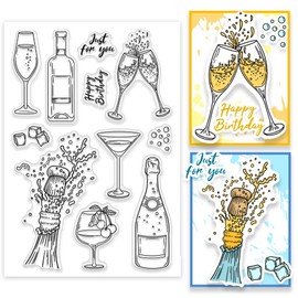 PH PandaHall Champagne Clear Stamps, Celebrate Silicone Stamp Wine Glass Rubber Stamps Happy Birthday Transparent Stamps for Card Making Photo Album Decoration and DIY Scrapbooking 6.2x4.3 inch