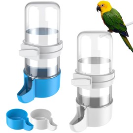 Pawfly Auto Bird Waterer, 2-Pack Cage Dispenser Feeder for Parrots, Hamsters - Small Bird Accessories for Cockatiel, Budgie, Lovebirds (White/Blue)