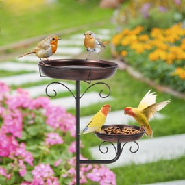 2-IN-1 Bird Bath for Outside Bird Feeder for Garden Backyard Lawn, 12" Large Metal Bowl with Strong 5 Stakes, Removable Basin Easy to Clean Birdbath for Outdoors 42in High