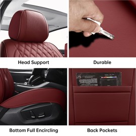 Sxikin Car Seat Covers Full Set Burgundy, Luxury Faux Leather Waterproof Women Non-Slip Seat Protector Universal Fit for Most Cars SUVs Trucks Pick-ups Car Accessories Interior (Wine Red-Full Set)