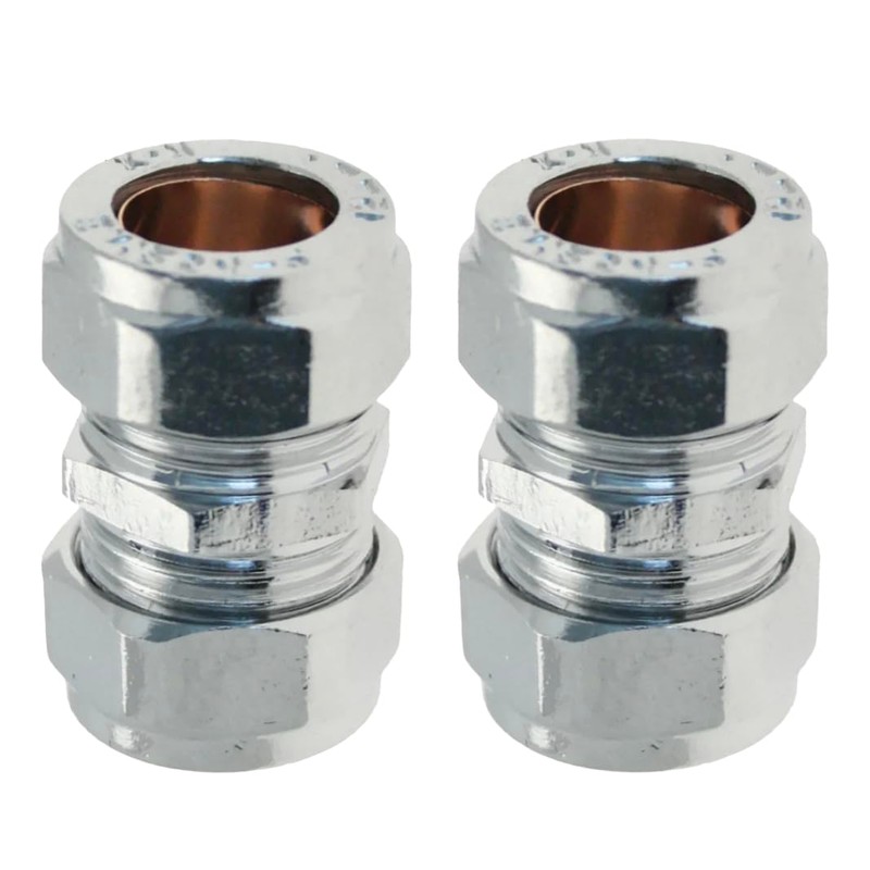WRAS 15mm Chrome Plated Compression Straight Connectors 2 Pack BS