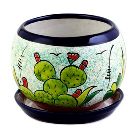 NOVICA Artisan Handcrafted Ceramic Flower Pot with Cactus Images Multicolor Mexico Outdoor Living Pots Hacienda Leaf Tree Nature [5in H x 7in Diam. Saucers 1in H x 6.75in Diam.] ' Mexican Memories'