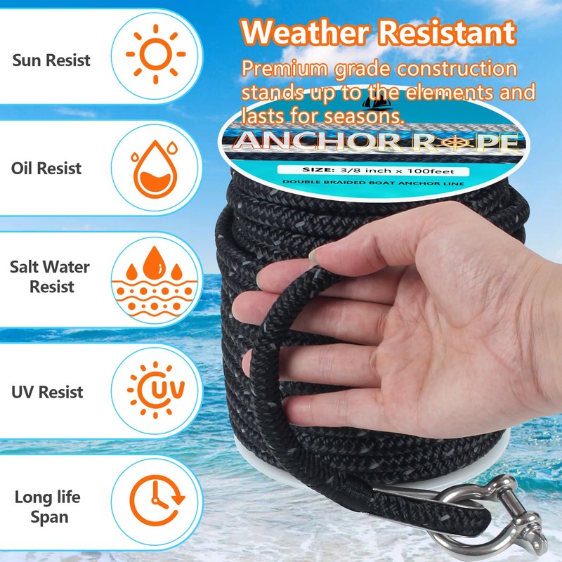 Anchor Rope 100 Ft 3/8 in, Double Braided Anchor Line