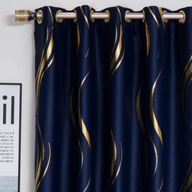 MYRU 1 Pair Navy Blackout Curtains for Bedroom, Luxury Striped Curtains for Living Room(Navy and Gold, 2 Panels 54 x 90 Inch)