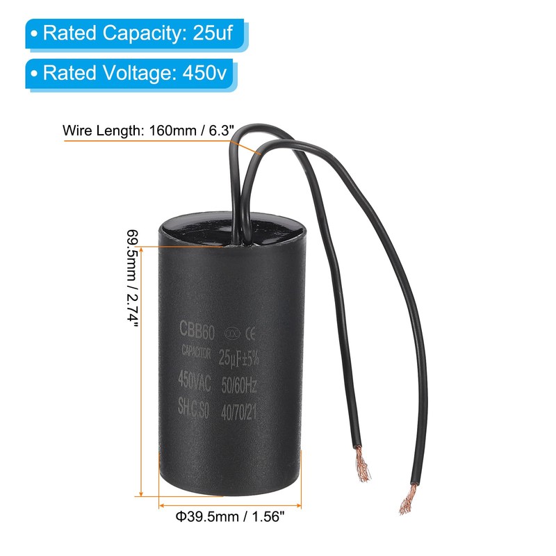 PATIKIL 25uf CBB60 Run Capacitor, AC 450V 2 Wires 50/60Hz