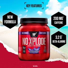 BSN Nutrition N.O.-Xplode Pre Workout Powder Food Supplement, Energy and Focus Booster with Caffeine, Amino Acids, Vitamin C and Zinc, Purple Power Flavour, 50 Servings, 650 g