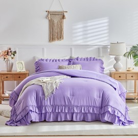 Purple Ruffle Comforter Set Twin Size, 3 Pieces Vintage Farmhouse Shabby Chic Comforters, Solid Color Lightweight Soft Fluffy Bedding Sets for Kids (1 Ruffled Comforter + 2 Pillow Shams)