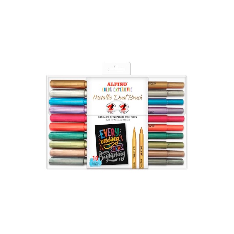 Alpino 10 Metallic Colour Markers with Double Brush, Bright Markers,
