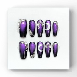 Wsliana Handmade Press On Nails - Purple Ballerina Shape with Hand-Painted Moon Design and Rhinestones, 10pcs Glue On Acrylic Fake Nails with Storage Box | Stylish & Long-Lasting Nail Kit (061 XS)